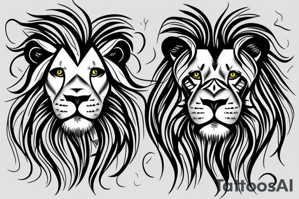 Half lion half lioness face tattoo idea