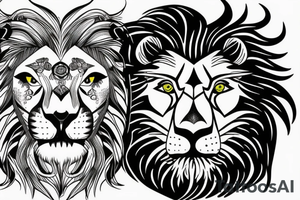 Half lion half lioness face tattoo idea