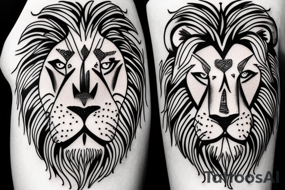 Half lion half lioness face tattoo idea
