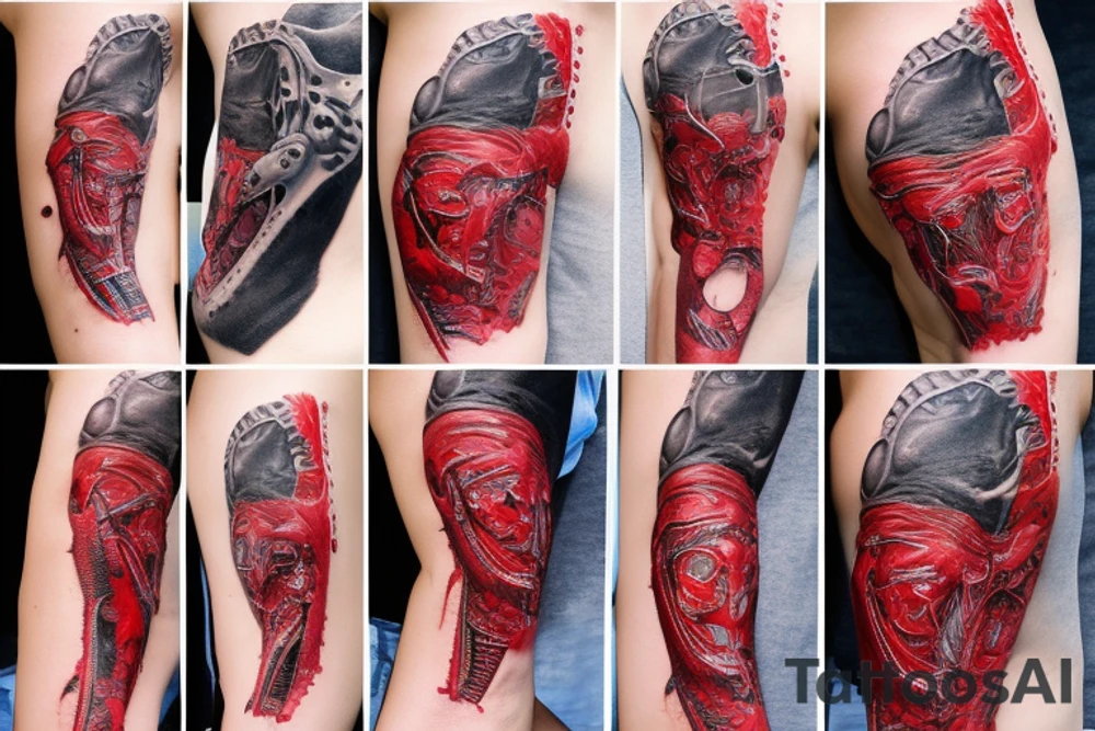 Biomechanical chain red torn skin tattoo idea