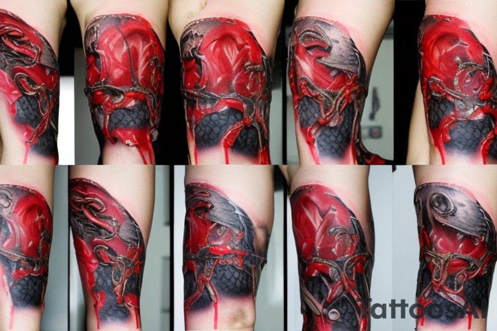 Biomechanical chain red torn skin tattoo idea