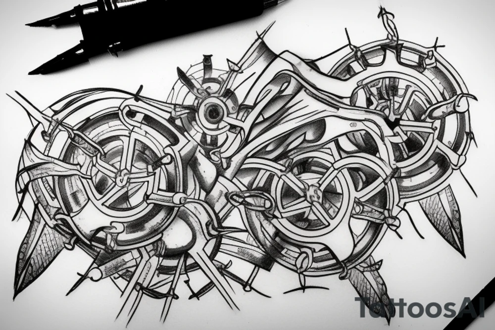 Bio-mechanical chain cog torn skin tattoo idea