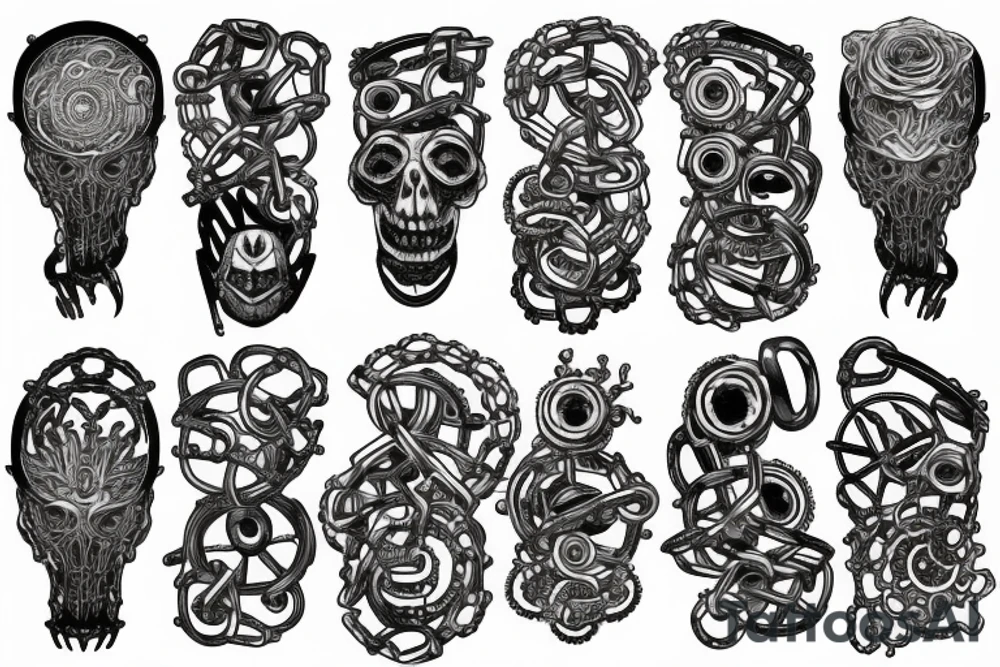 Chains cogs ripped skin sleeve tattoo idea