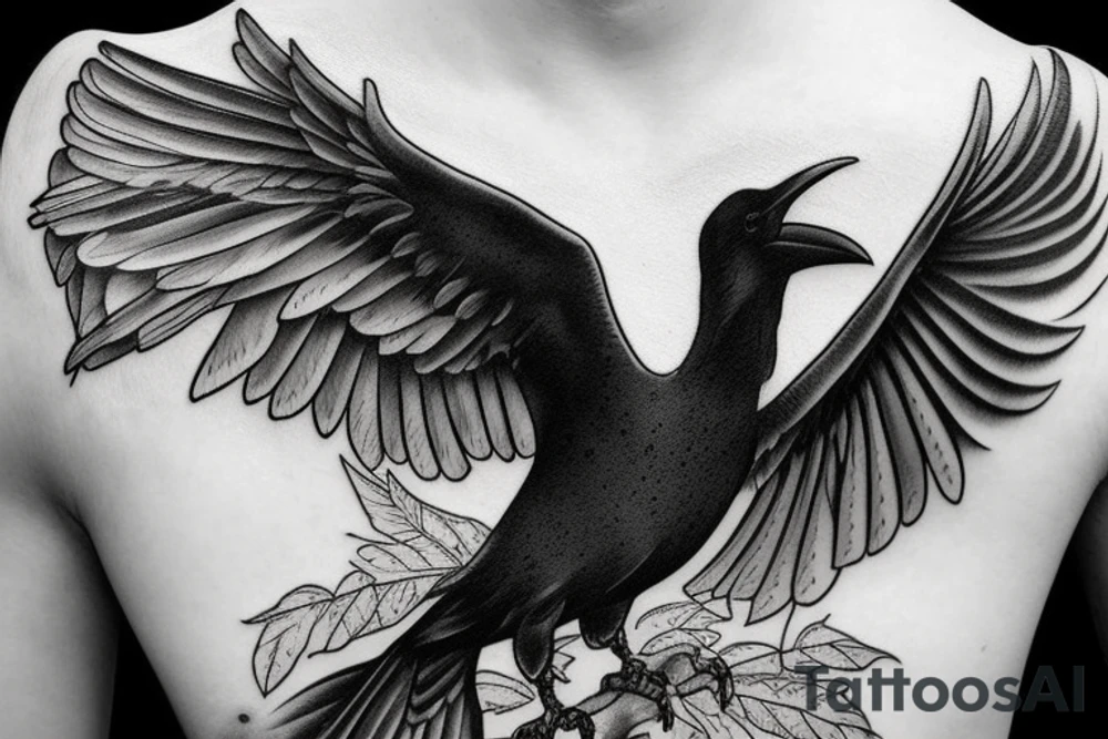 realistic black and white tattoo of a flying raven, intended for the neck, with intricate details tattoo idea