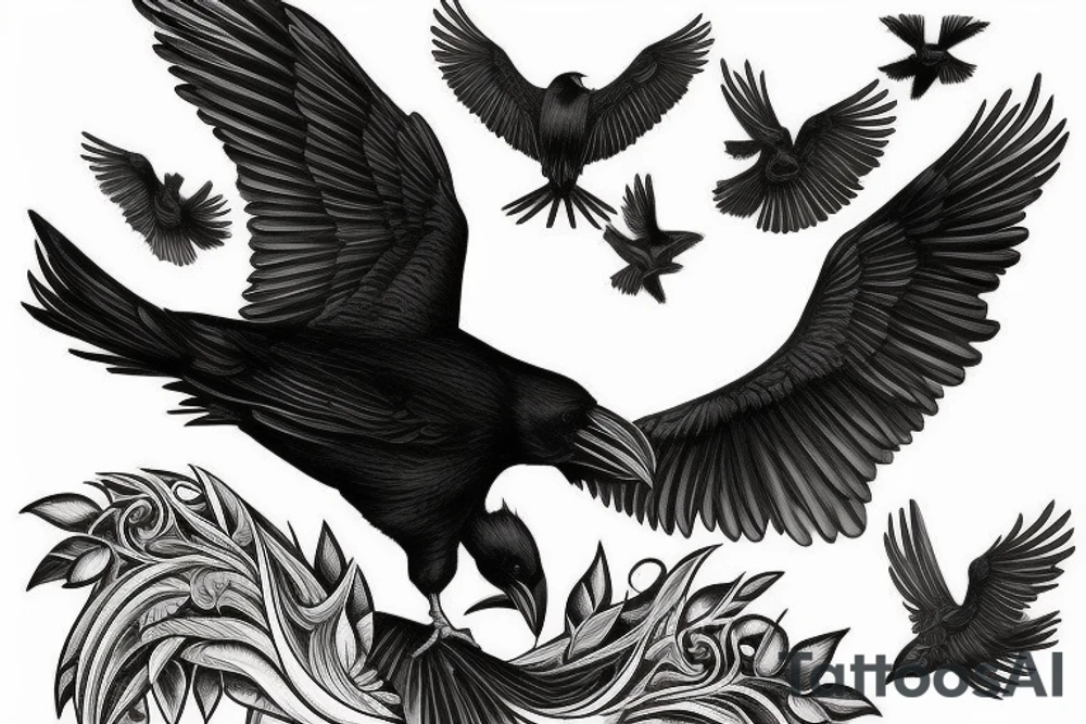 realistic black and white tattoo of a flying raven, intended for the neck, with intricate details, lees black more lines tattoo idea