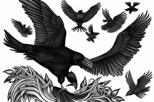 realistic black and white tattoo of a flying raven, intended for the neck, with intricate details, lees black more lines tattoo idea