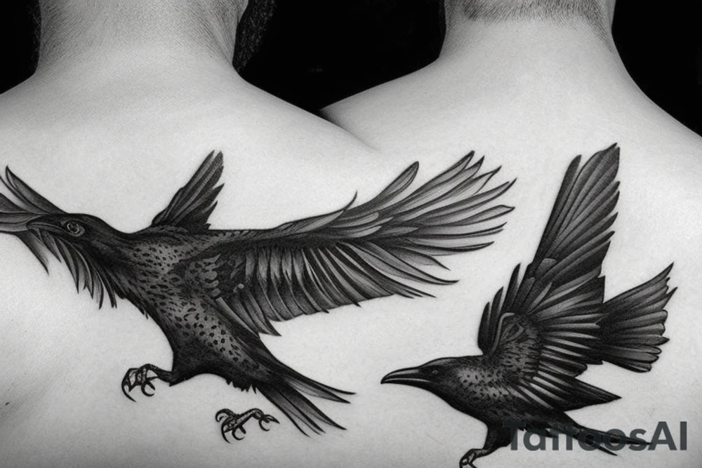 realistic black and white tattoo of a flying raven, intended for the neck, with intricate details, lees black more lines tattoo idea