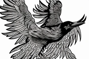 realistic black and white tattoo of a flying raven, (intended for the neck), with intricate details but with little black and more lines and shadows tattoo idea