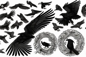 realistic black and white tattoo of a flying raven, (intended for the neck), with intricate details but with little black and more lines and shadows tattoo idea