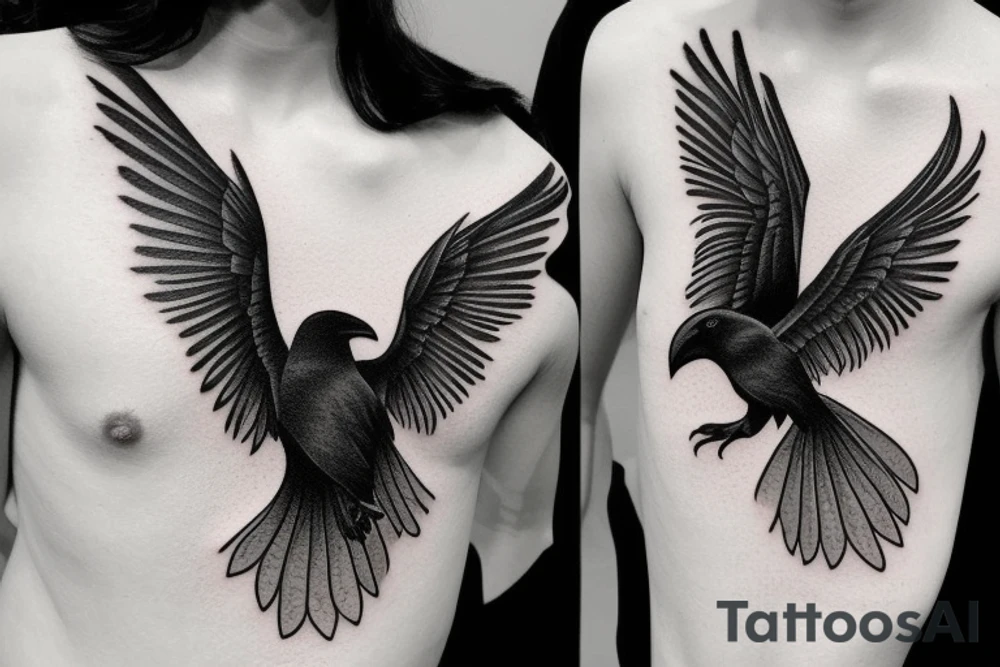 realistic black and white tattoo of a flying raven, (intended for the neck), with intricate details but with little black and more lines and shadows tattoo idea