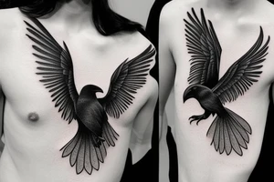 realistic black and white tattoo of a flying raven, (intended for the neck), with intricate details but with little black and more lines and shadows tattoo idea