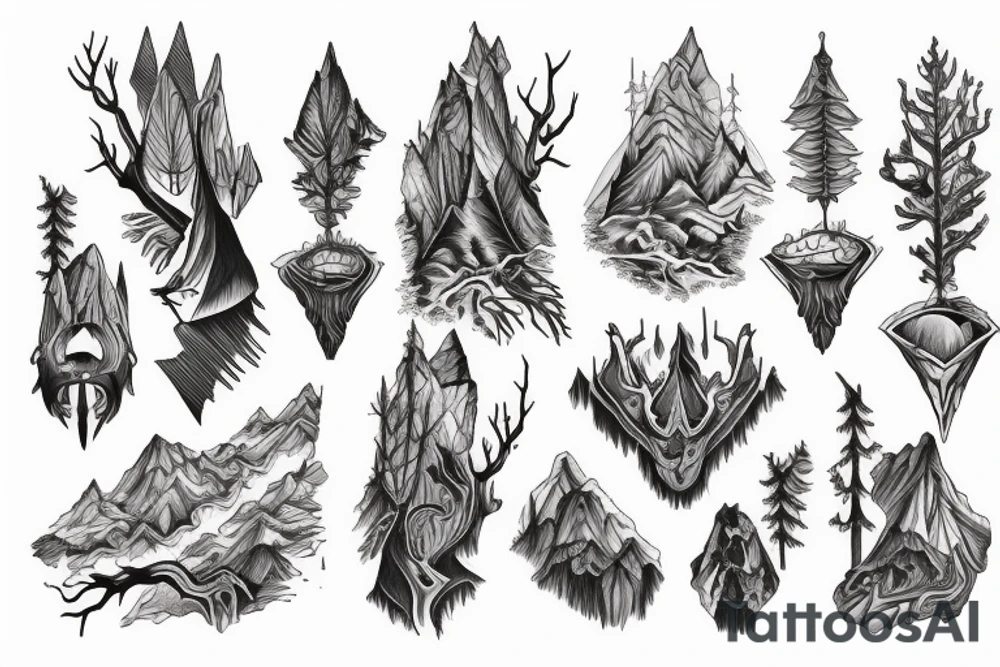 a forest with mountains and rivers tattoo idea