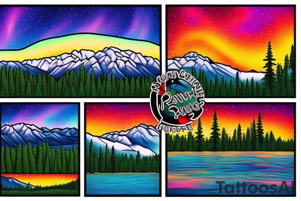 lake tahoe with mountains behind it, tall pine trees, and a colorful and vibrant sunset with northern lights tattoo idea
