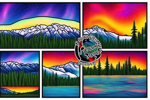 lake tahoe with mountains behind it, tall pine trees, and a colorful and vibrant sunset with northern lights tattoo idea