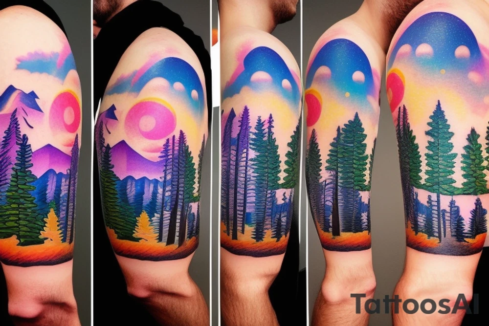 lake tahoe with mountains behind it, tall pine trees, and a colorful and vibrant sunset with northern lights tattoo idea