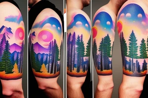 lake tahoe with mountains behind it, tall pine trees, and a colorful and vibrant sunset with northern lights tattoo idea