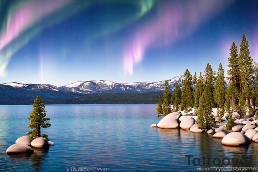 lake tahoe with Mountain ranges, towering majestically, evoke a sense of awe and wonder. Their lofty peaks touch the sky, commanding respect and offering breathtaking vistas. behind it, tall pine trees, and a colorful and vibrant sunset with northern lights tattoo idea