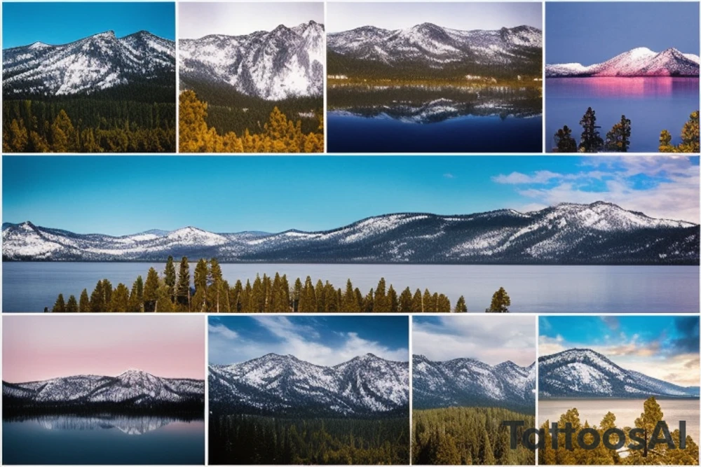 lake tahoe with Mountain ranges, towering majestically, evoke a sense of awe and wonder. Their lofty peaks touch the sky, commanding respect and offering breathtaking vistas. behind it, tall pine trees, and a colorful and vibrant sunset with northern lights tattoo idea