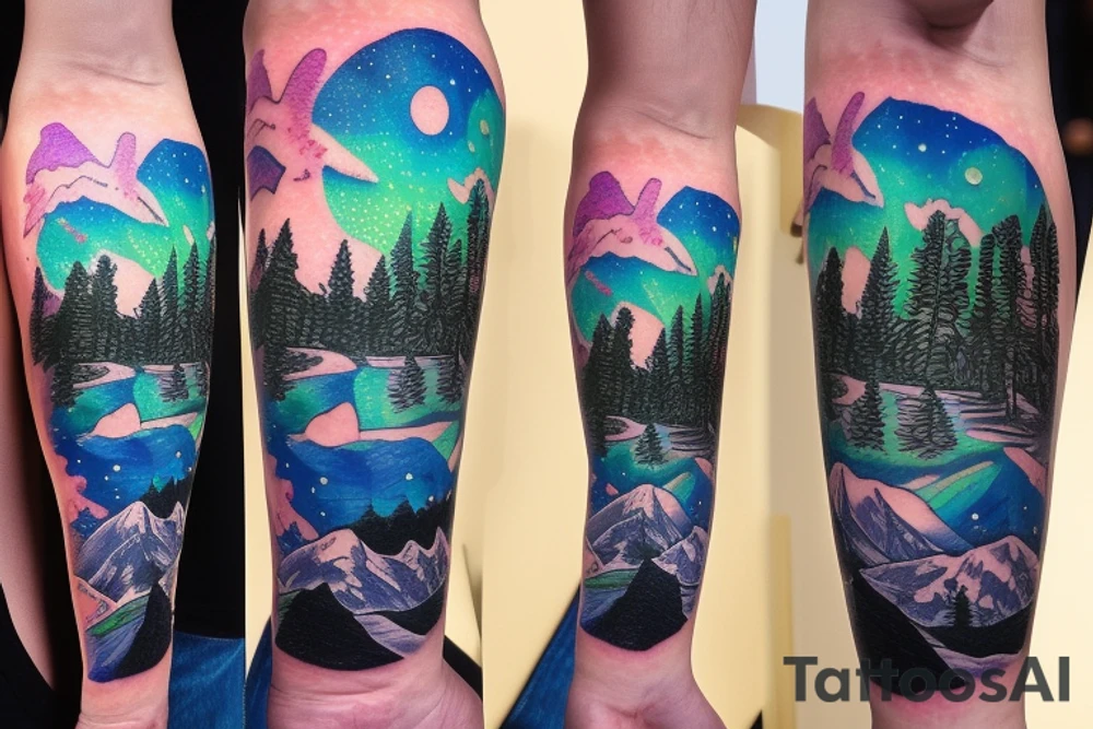 lake tahoe with mountains, pine trees and a starry night sky with colorful northern lights tattoo idea
