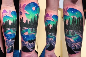 lake tahoe with mountains, pine trees and a starry night sky with colorful northern lights tattoo idea