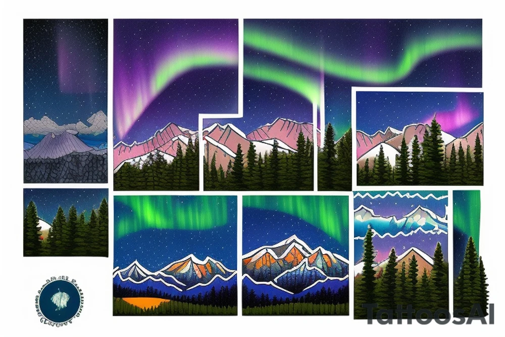 lake tahoe with mountains, pine trees and a starry night sky with colorful northern lights tattoo idea