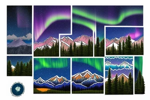 lake tahoe with mountains, pine trees and a starry night sky with colorful northern lights tattoo idea