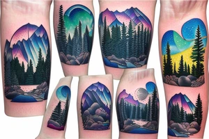 lake tahoe with mountains, pine trees and a starry night sky with colorful northern lights in a well shaded and large singular tattoo tattoo idea