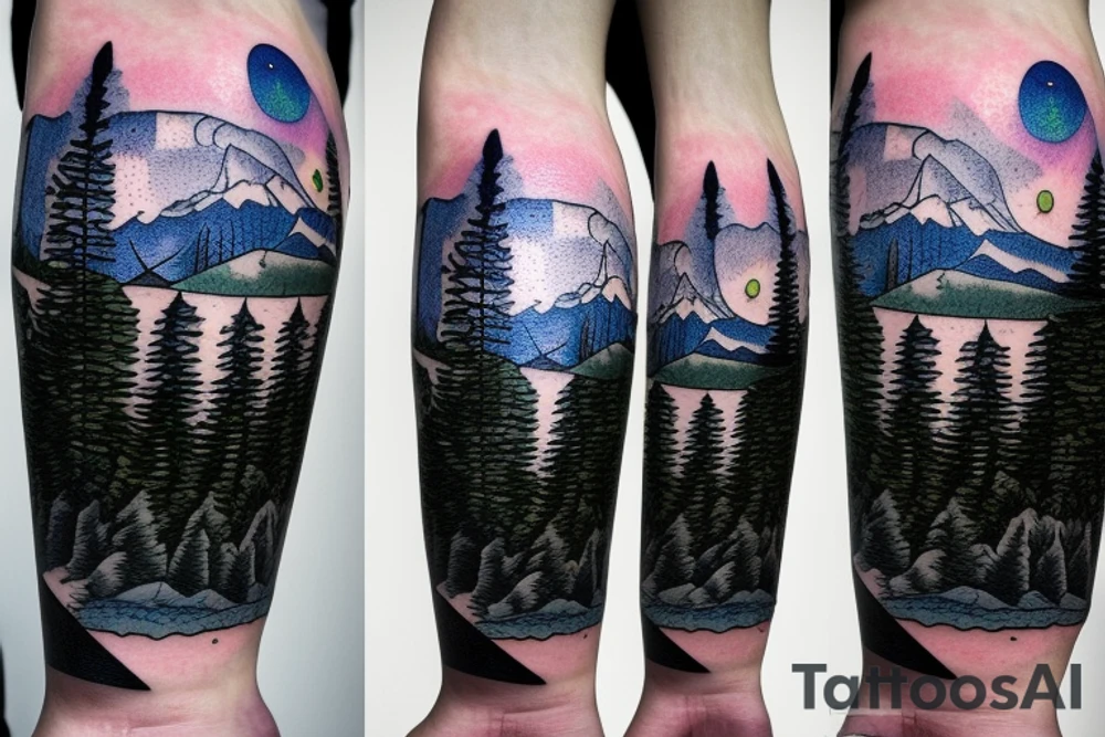 lake tahoe with mountains, pine trees and a starry night sky with colorful northern lights in a well-shaded and large singular tattoo tattoo idea