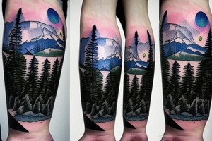 lake tahoe with mountains, pine trees and a starry night sky with colorful northern lights in a well-shaded and large singular tattoo tattoo idea