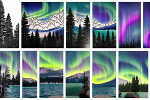 lake tahoe with mountains, pine trees and a starry night sky with colorful northern lights in a well-shaded and large singular tattoo tattoo idea