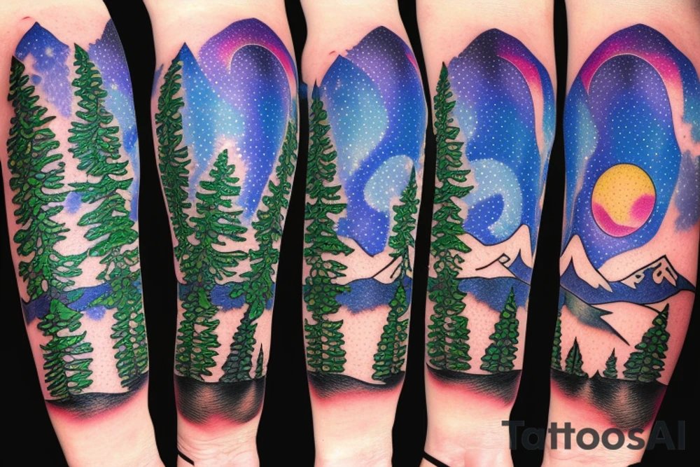 lake tahoe with mountains, pine trees and a starry night sky with colorful northern lights in a well-shaded and large singular tattoo tattoo idea