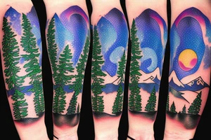 lake tahoe with mountains, pine trees and a starry night sky with colorful northern lights in a well-shaded and large singular tattoo tattoo idea