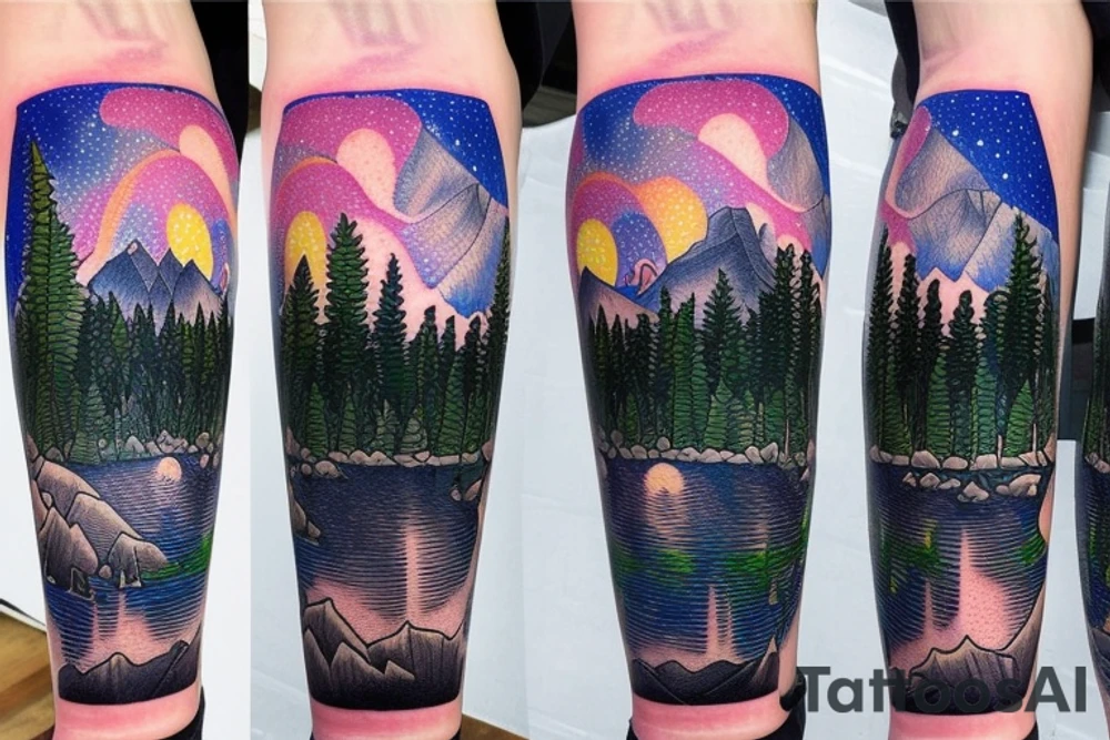 lake tahoe with mountains, pine trees and a starry night sky with colorful northern lights in a well-shaded and large singular tattoo tattoo idea