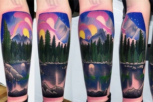 lake tahoe with mountains, pine trees and a starry night sky with colorful northern lights in a well-shaded and large singular tattoo tattoo idea