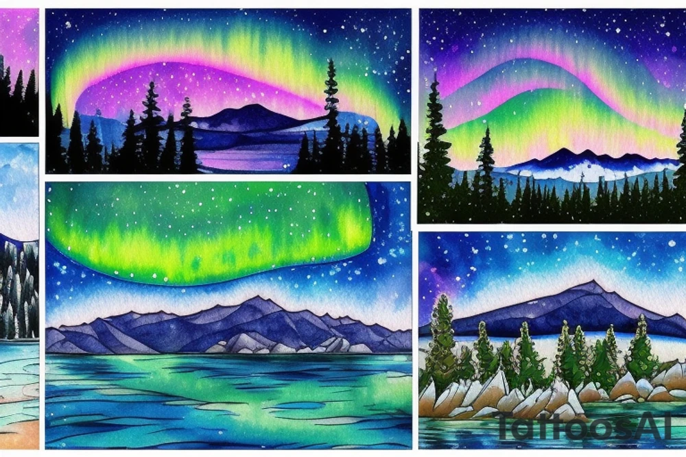 lake tahoe with mountains, pine trees and a starry night sky with colorful northern lights in a well-shaded and large singular tattoo tattoo idea