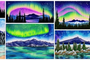 lake tahoe with mountains, pine trees and a starry night sky with colorful northern lights in a well-shaded and large singular tattoo tattoo idea