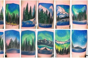 lake tahoe with mountains, pine trees and a starry night sky with colorful northern lights in a well-shaded and large singular tattoo tattoo idea