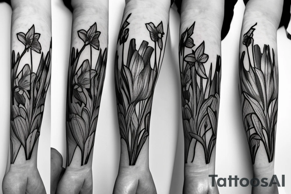 Bouquet of daffodils, lavender, and narcissus tattoo idea