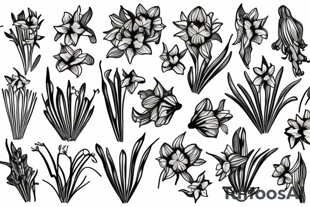 Bouquet of daffodils, lavender, and narcissus tattoo idea