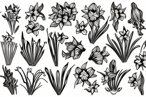 Bouquet of daffodils, lavender, and narcissus tattoo idea