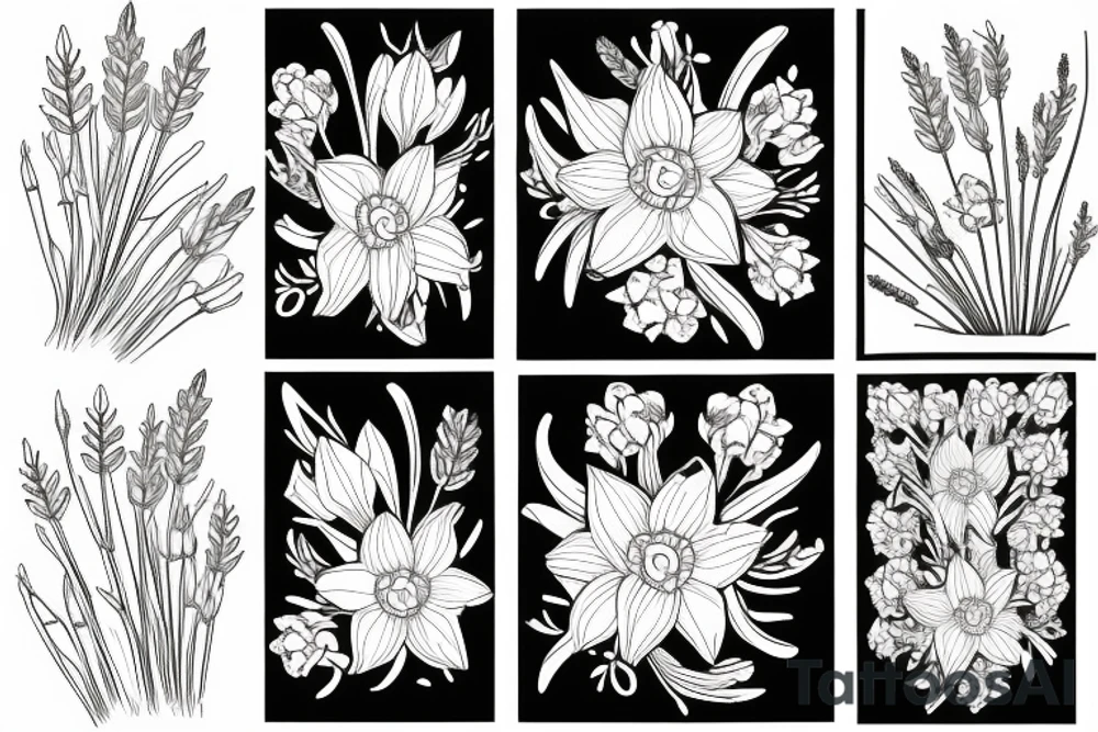 Bouquet of daffodils and lavender tattoo idea