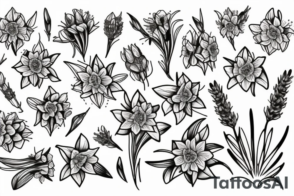 Bouquet of daffodils and lavender tattoo idea