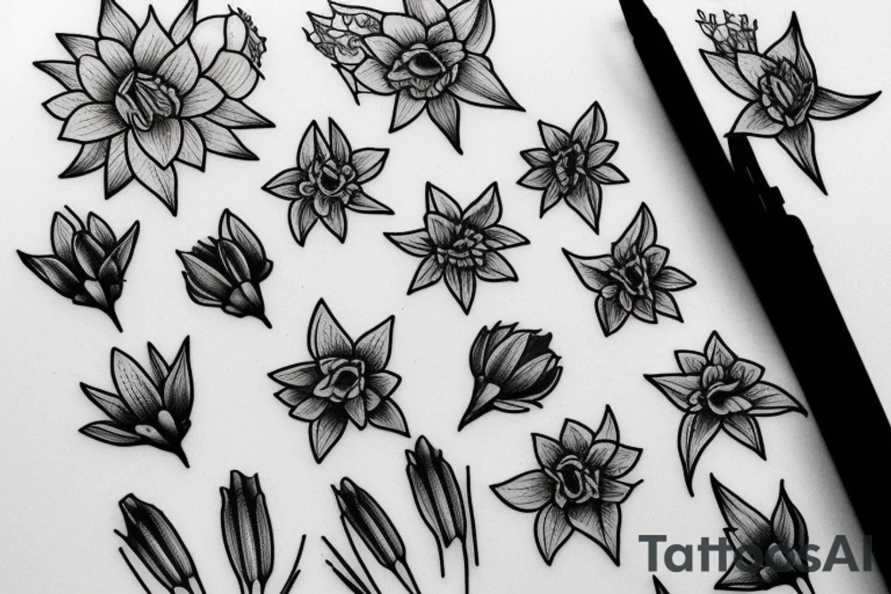 Bouquet of daffodils and lavender tattoo idea