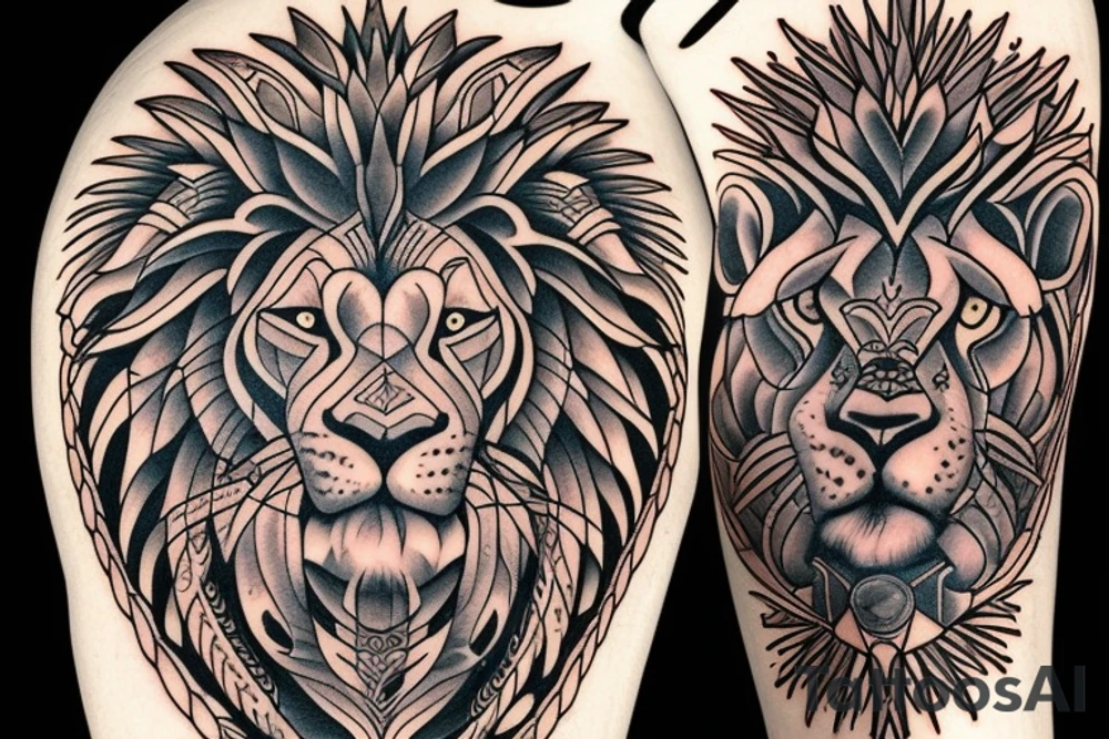 american lion tattoo in aztec design tattoo idea