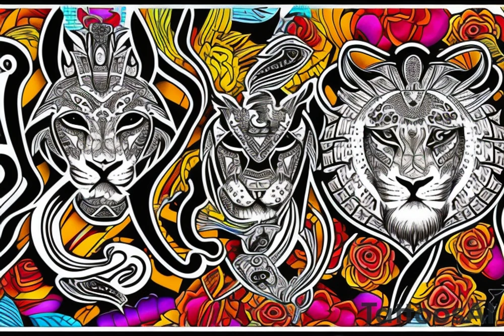 american lion tattoo in aztec design tattoo idea