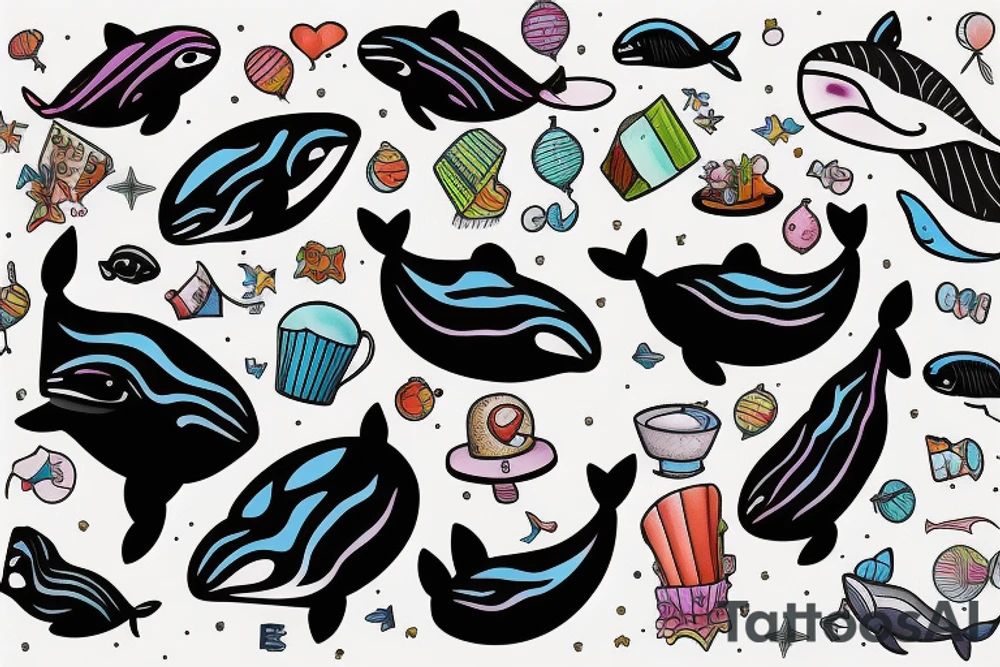 lonely whale having a party tattoo idea