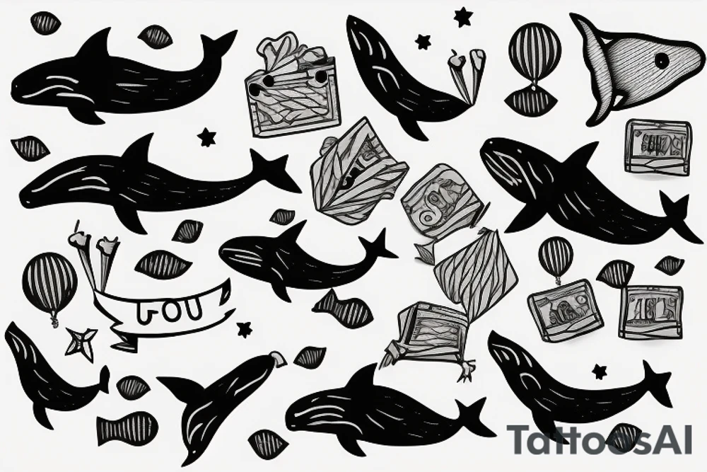 lonely whale having a party tattoo idea