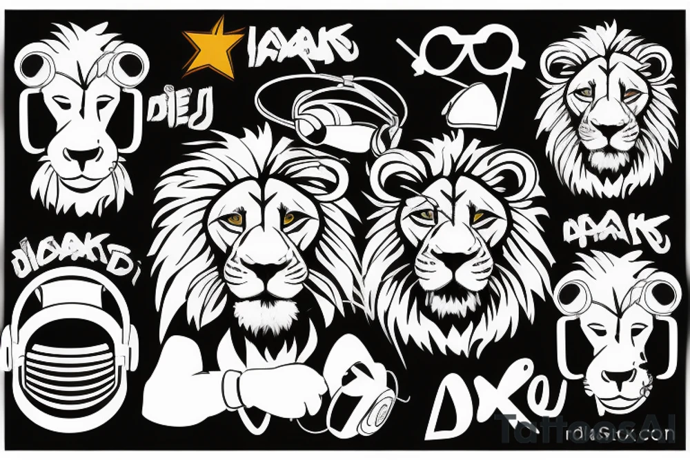 Un lion avec un casque de DJ qui mixe tattoo idea