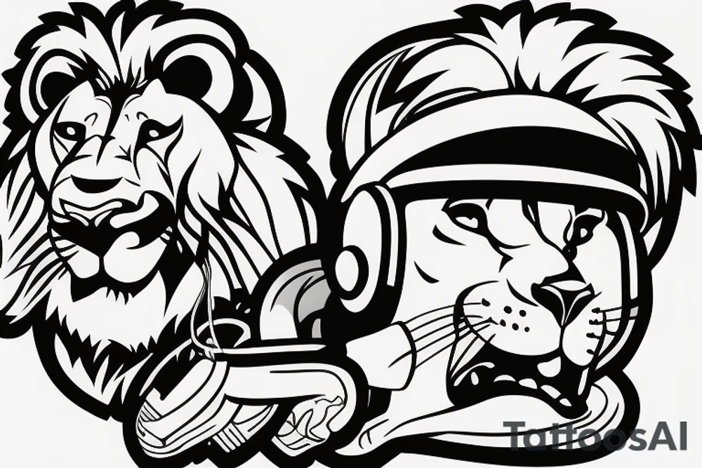 Un lion avec un casque de DJ qui mixe tattoo idea