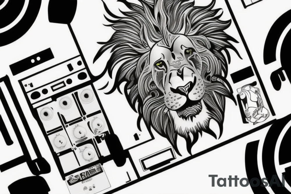 Un lion avec un casque de DJ qui mixe tattoo idea